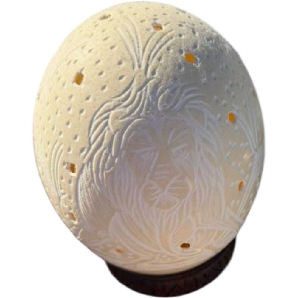 South African Big Hollow Ostrich Egg Shell Etched Lion Design w/ Wood Stand